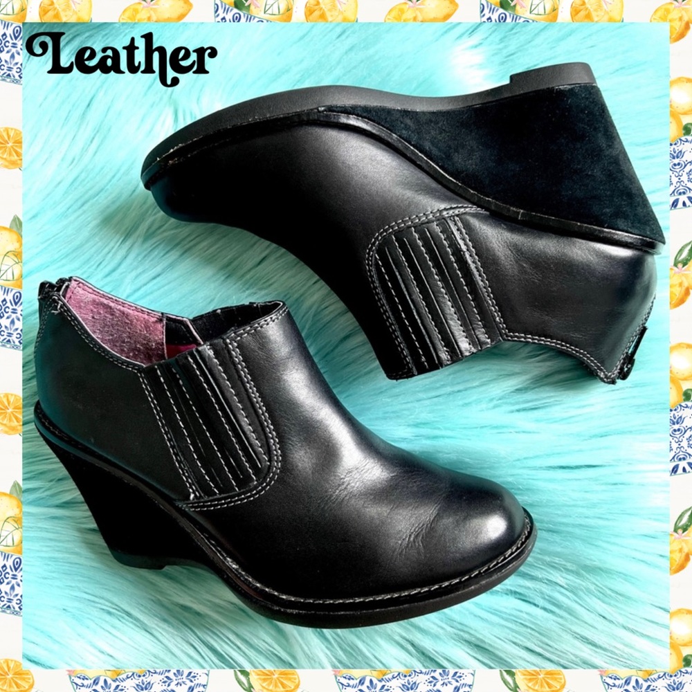 Hush Puppies Black LEATHER Wedge Ankle Chunky Booties Women’s 7.5 Back Zip